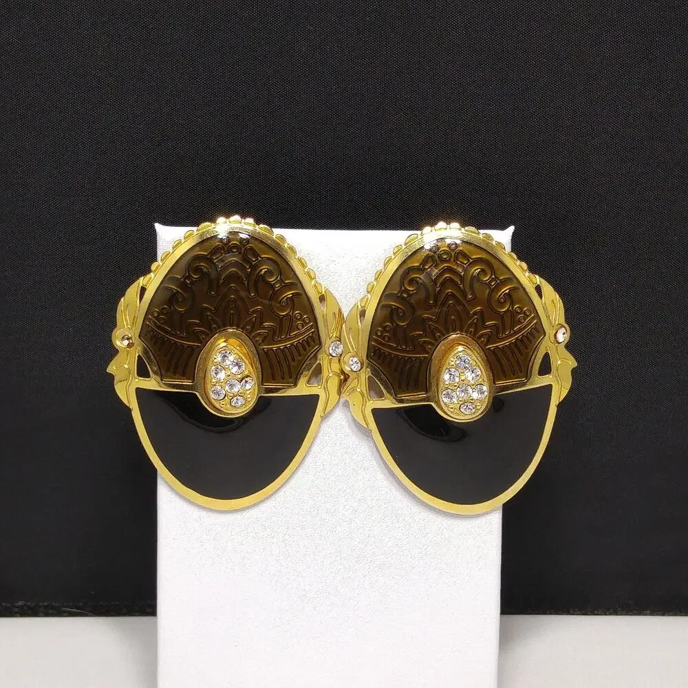 Berebi Large Enamel Rhinestone Post Earrings, Textured Brown & Black, 1980s